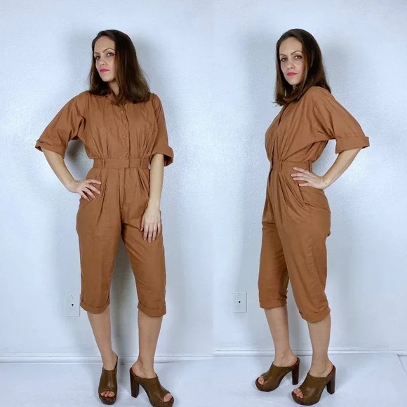 vintage 40s NUTMEG BROWN Button Up JUMPSUIT Small pantsuit cotton playsuit mcm